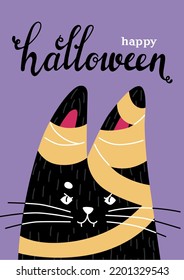 Halloween greeting card with a mummy cat. Vector illustration of a mummy cat.