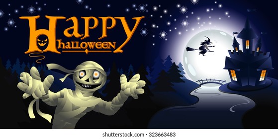 Halloween greeting card with mummy in night landscape with old castle