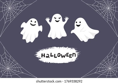 Halloween greeting card. Night background with ghosts and cobwebs