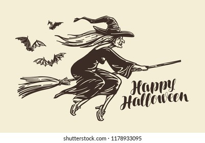 Halloween, greeting card. Old witch flies on broomstick. Vintage sketch vector illustration
