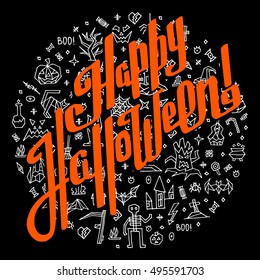Halloween greeting card on black background. Hand drawn halloween icons and symbol: castle, pumpkin, corpse, skeleton, black cat, owl, trick-or-treat, spider web. Vector illustration art for Halloween