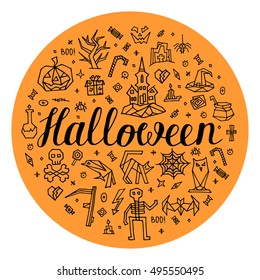 Halloween greeting card on orange background. Hand drawn halloween icons and symbol: castle, jack-o, corpse, skeleton, black cat, owl, trick-or-treat, spider web. Vector illustration art for Halloween