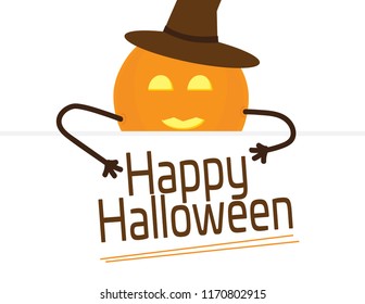 Halloween greeting card . orange pumpkin with brown witch hat