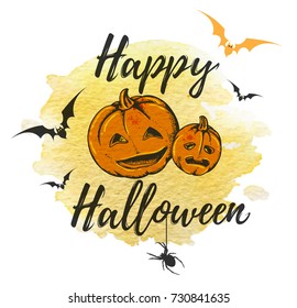 Halloween greeting card with orange pumpkins and yellow watercolor texture. Vector illustration.