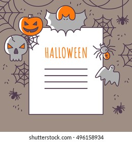 Halloween greeting card with outline icons. Vector Illustration. Outline icons on gray Backdrop. 