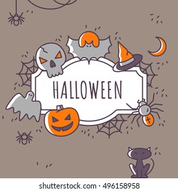 Halloween greeting card with outline icons. Vector Illustration. Outline icons on gray Backdrop. Halloween Concept.