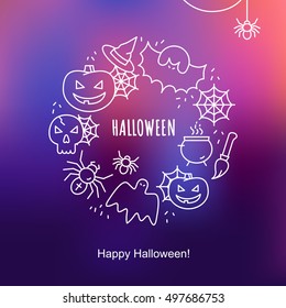 Halloween greeting card with outline icons. Vector Illustration. White icons round shape composition on blur purple backdrop. Halloween Concept.