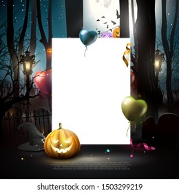 Halloween greeting card with party balloons, confeti and pumpkins in a spooky forest. Place for your message.