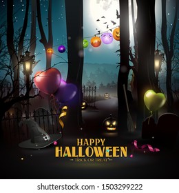 Halloween greeting card with party balloons, confeti and pumpkins in a spooky forest.