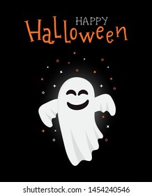 Halloween greeting card, party invitation with cute ghost. 