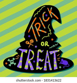 Halloween greeting card or party invitation with hand drawn lettering on witch hat. Creative poster for halloween celebration with calligraphy. Vector illustration