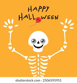 Halloween greeting card with a peeking smiling skeleton and with hand lettering quote. Vector illustration