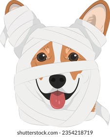 Halloween greeting card. Pembroke Welsh Corgi dog dressed as a mummy