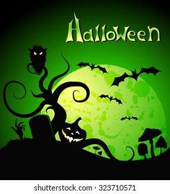Halloween greeting card, placard, banner with pumpkins, moon, mushrooms. Vector illustration