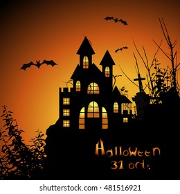 Halloween greeting card, placard or banner with dark castle. Vector illustration