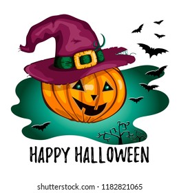 Halloween greeting card, poster or banner design with cartoon pumpkin in witch hat, vector illustration. 