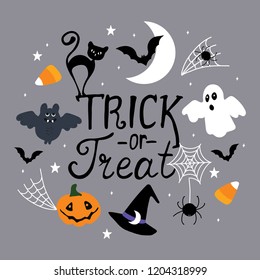 Halloween greeting card, poster, banner. "Trick or treat"hand drawn lettering.