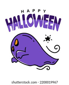 Halloween Greeting Card poster banner with a Ghost Illustration of vector doodle style design on a white 