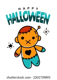 Halloween Greeting Card Poster Banner with Voodoo Doll Vector Design Illustration Doodle Style on White 