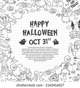 halloween greeting card or poster with cartoon illustration, set vector