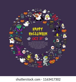 halloween greeting card or poster with cartoon illustration, set vector