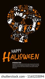 halloween greeting card or poster with cartoon illustration, set vector