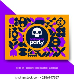 Halloween greeting card, poster with skull, ghost, candy, bone isolated vector objects