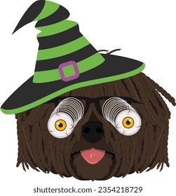 Halloween greeting card. Puli dog dressed as a witch with black and green hat and glasses with terrifying googly eyes