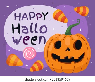 Cartão comemorativo de Halloween. Abóbora de Halloween, jack-o-lantern em um fundo roxo. A inscrição "feliz dia das bruxas", doces.