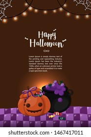 Halloween greeting card with pumpkin and magic pot on dark brown background.