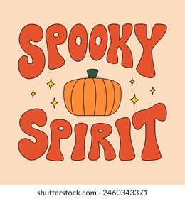 Tarjeta de felicitación de Halloween con calabaza y frase espeluznante espíritu. Ilustración de contorno de Vector con comillas en estilo retro groovy