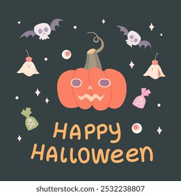 Halloween greeting card. Pumpkin and sweets