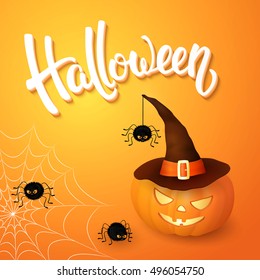 Halloween greeting card with pumpkin wearing hat, angry spiders, web and 3d brush lettering on orange background. Decoration for poster, banner, flyer design. Vector illustration.