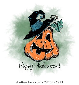 A Halloween greeting card. A pumpkin and a witch's hat. Vector