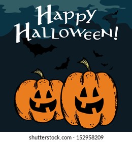 Halloween greeting card with pumpkins and bats, vector illustration