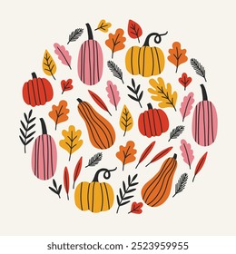 Halloween greeting card with pumpkins, leaves and branches on white background. Circle ornament. Perfect for seasonal holidays and decorations. Vector illustration