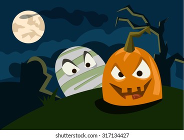 Halloween greeting card with pumpkins,  mummy in cartoon style