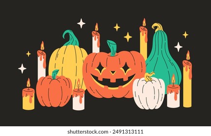 Halloween greeting card with pumpkins, stars and candles. Happy Halloween. Vector illustration in flat style