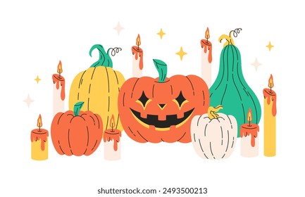 Halloween greeting card with pumpkins, stars and candles. Happy Halloween. Vector illustration in flat style
