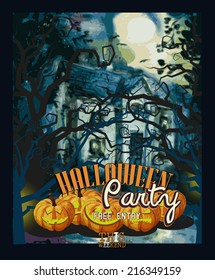 Halloween greeting card with pumpkins, with witch hat, spiders, bat. Trick or treat.