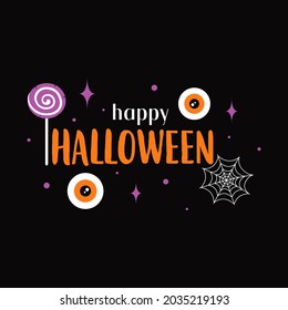 halloween greeting card with round lollipop of white and purple, spider web and lettering on black background, halloween candy, holiday sweet, illustration for greeting card, poster, banner