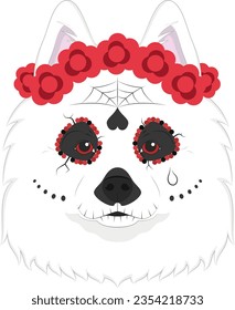 Halloween greeting card. Samoyed dog dressed as a Mexican skull with red flowers on his head