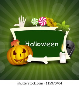 Halloween greeting card with scary pumpkin. EPS 10.