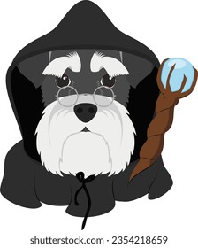 Halloween greeting card. Schnauzer dog dressed as a wizard with black hood and magic wand