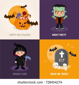 Halloween greeting card set. Cute cartoon children in a colorful Halloween costumes: Death and Frankenstein. Traditional elements of Halloween. Different holiday card templates.