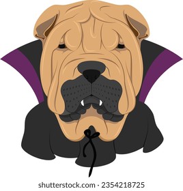 Halloween greeting card. Shar Pei dog dressed as a vampire with fangs and cape