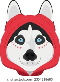 Tarjeta de saludo de Halloween. Perro Husky siberiano vestido como esqueleto con capucha roja