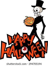 Halloween greeting card with a skeleton character carrying Jack O Lantern pumpkin