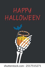 Tarjeta de felicitación de Halloween mano esqueleto con Ilustración vectorial de cóctel. Parche de calabaza con decoración de murciélago. Anuncio plano de dibujos animados con letras festivas de Halloween sobre fondo oscuro. Póster o menú