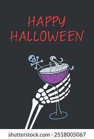 Halloween greeting card with a skeleton hand holding spooky cocktail. Vector illustration, flat cartoon style. Banner for party invitations and decorations, Halloween themed celebration designs